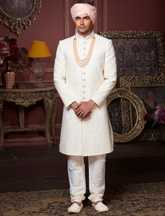 Cream hued cotton silk wedding wear sherwan for mens