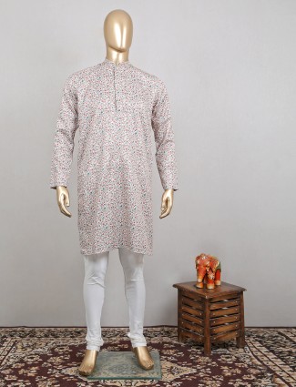Cream hued printed kurta suit in cotton silk