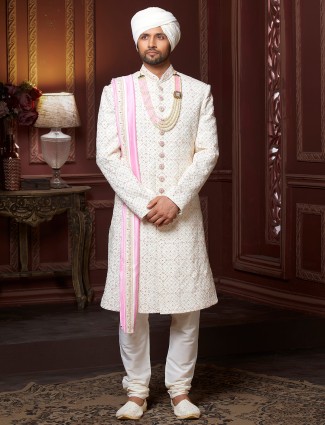 Cream hued sherwani in cotton silk for wedding function