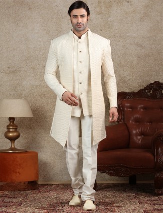 Cream jacket style indo western for wedding function