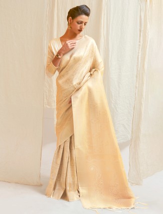 Cream latest wedding ceremonies  kanjivaram silk saree