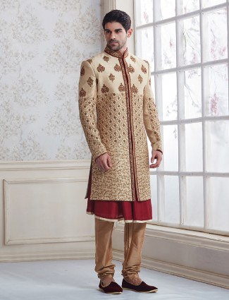Cream maroon wedding wear sherwani in silk fabric