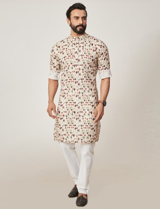 Cream printed cotton kurta suit for men