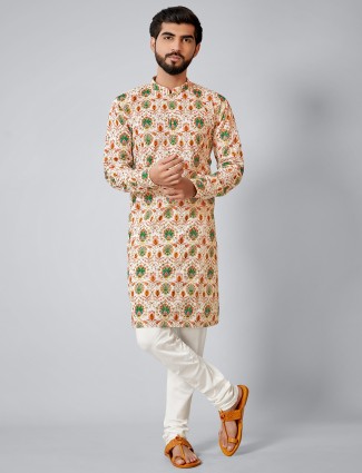 Cream printed cotton silk kurta set for men