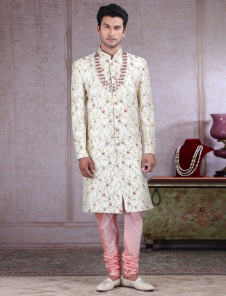 Cream raw silk fabric sherwani for wedding