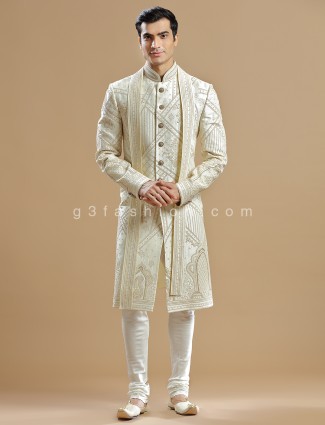 Cream raw silk sherwani for groom wear
