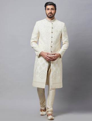 Cream silk fabric sherwani for wedding