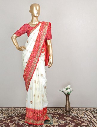 Cream stunning bandhej silk saree for wedding