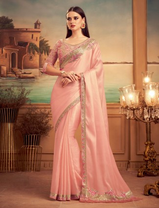 Crepe pink designer satin saree for festive and party