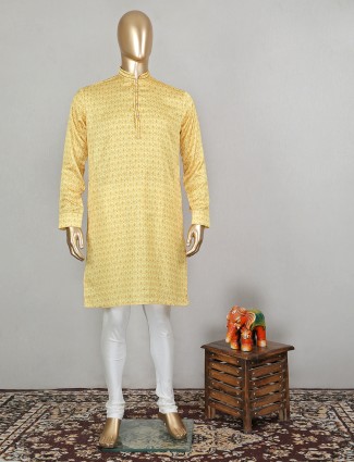 Daffodil yellow printed cotton kurta suit for mens