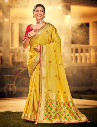 Dandelion yellow wedding look dola silk elegant saree