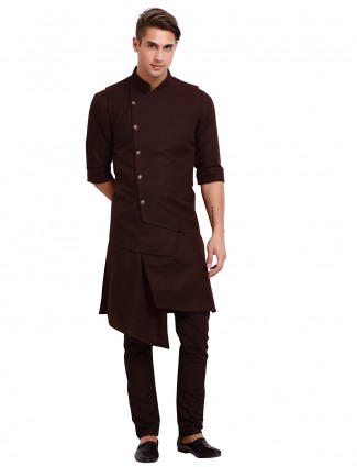 Dark brown solid cotton waistcoat set party wear