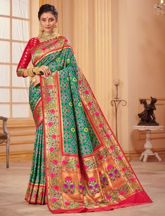 Dark green alluring wedding look saree in patola silk
