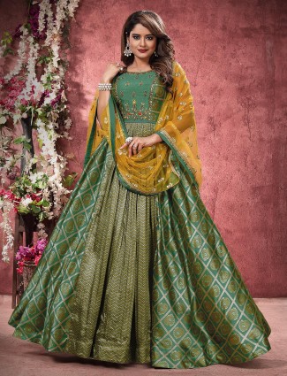 Dark green hue bandhej silk floor length anarkali salwar suit