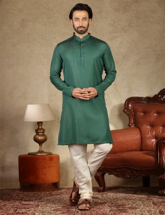 Dark green solid cotton fabric kurta suit