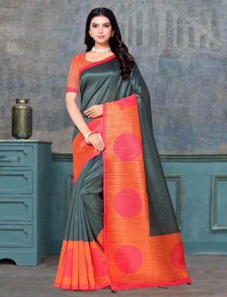 Dark grey innovative tussar silk wedding printed saree