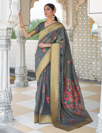 Dark grey linen saree for wedding with a minakari weaving