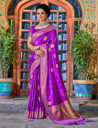 Dark purple fabulous banarasi silk saree for wedding look