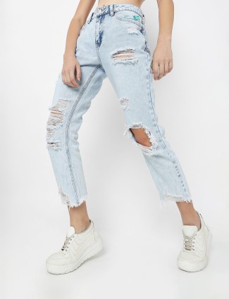 Deal ice blue denim ripped mom jeans