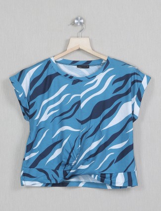 Deal printed blue cotton top for women