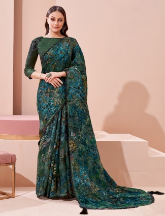 Deep green excellent brasso saree for festive function