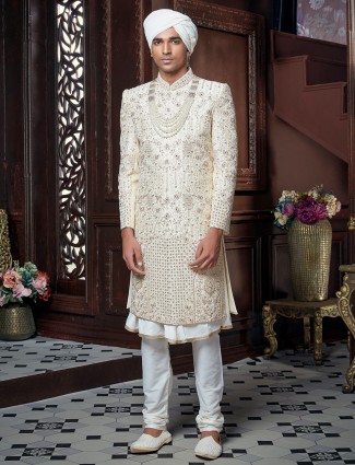 Designer beige color raw silk fabric sherwani