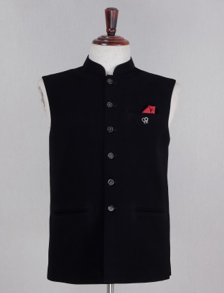 Designer black solid cotton silk waistcoat for mens 