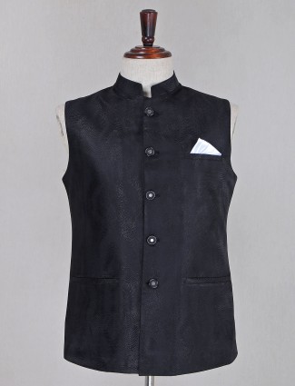 Designer black wedding wear printed waistcoat in cotton silk