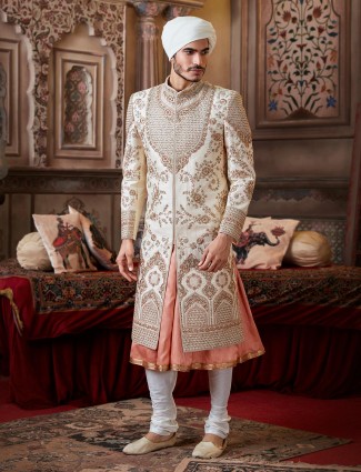 Designer cream georgette sherwani for groom