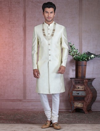 Designer cream silk sherwani with thread work