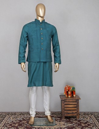 Designer dark green thread work silk waistcoat for mens