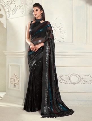Designer glossy black chiffon party and festive saree
