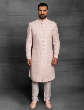 Designer light pink color silk fabric sherwani