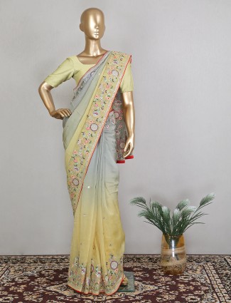 Designer lime yellow tissue silk saree for women
