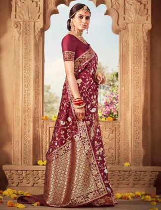 Designer maroon saree for wedding in banarasi silk
