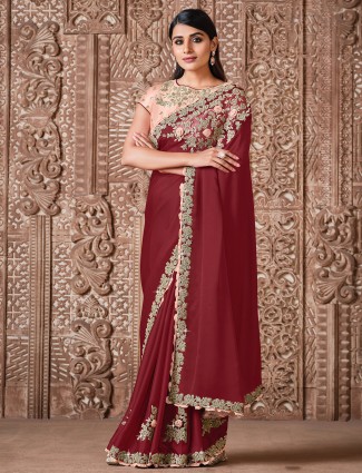 Designer maroon satin silk saree with stone work for party