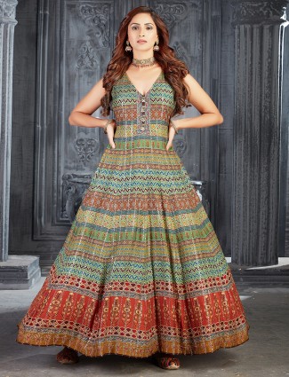 Designer multi color cotton silk wedding look Anarkali suit