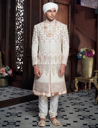 Designer off white color cotton silk fabric sherwani