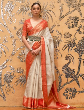 Designer off white Color Silk Embroidered Saree for party