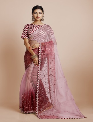 Designer peach tissue silk saree for wedding