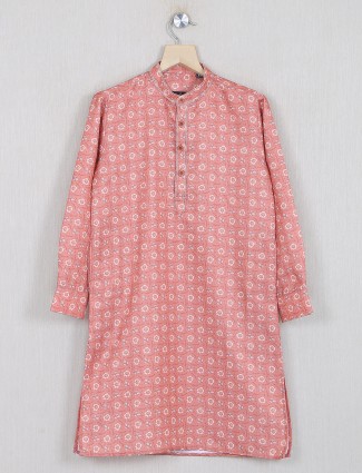 Designer printed peach cotton silk kurta suit for boys
