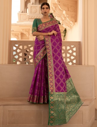 Designer purple banarasi silk wedding saree