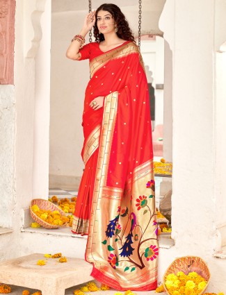 Designer rose red banarasi silk wedding saree for women