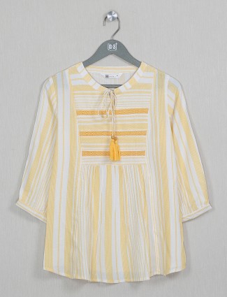 Designer stripe yellow and white cotton top for women