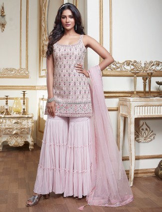Designer wedding events baby pink tissue silk sharara set