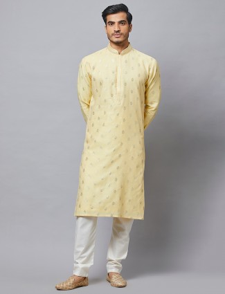 Designer yellow cotton silk festive kurta suit