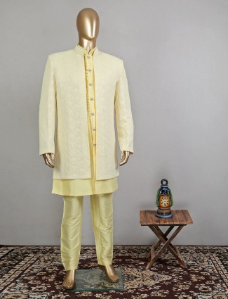 Designer yellow wedding wear indowestern sherwani for mens