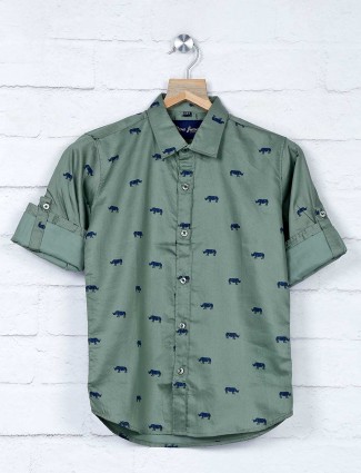 DNJS olive slim fit printed shirt