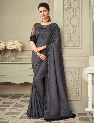 Dolphin grey festive and party saree in raw silk