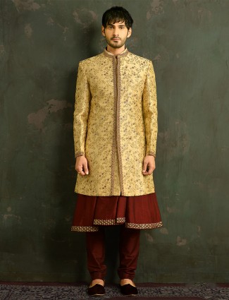 Double layer wedding wear yellow sherwani of mens